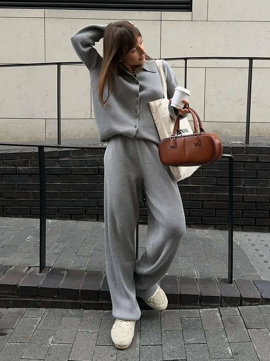 Women's Cozy Knit Cardigan and Pants Set – Warm 2 Piece Outfit-Apricot / M