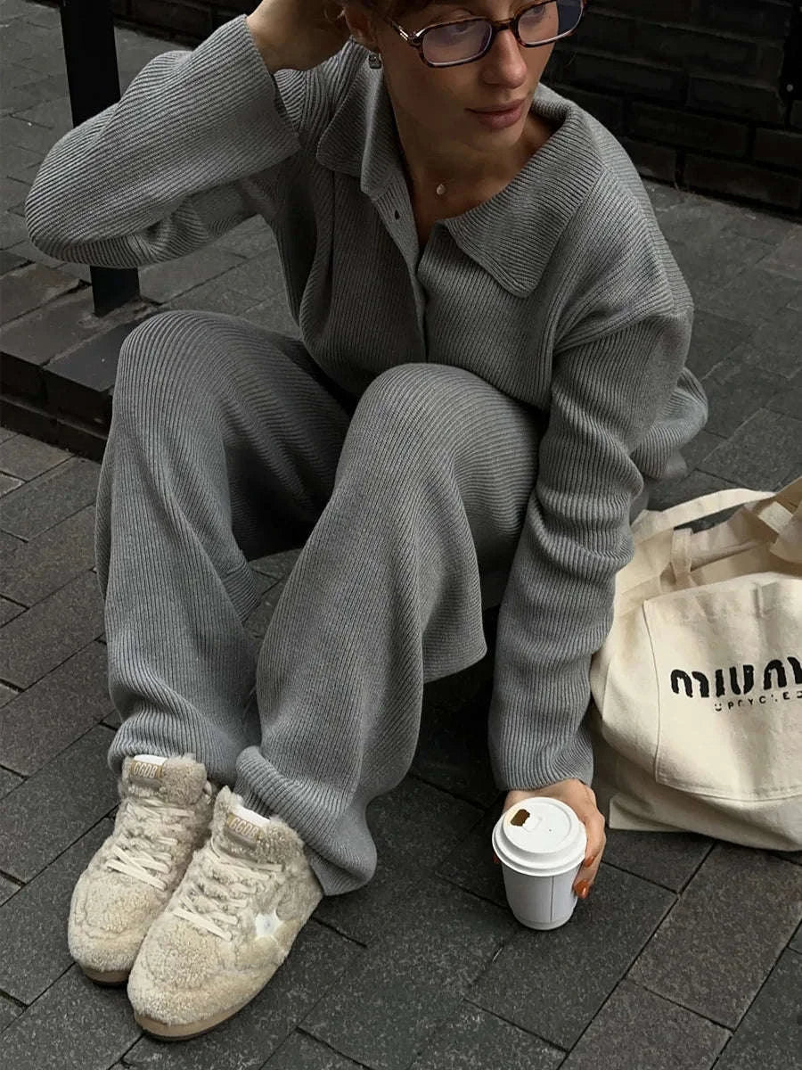 Women's Cozy Knit Cardigan and Pants Set – Warm 2 Piece Outfit-Apricot / M