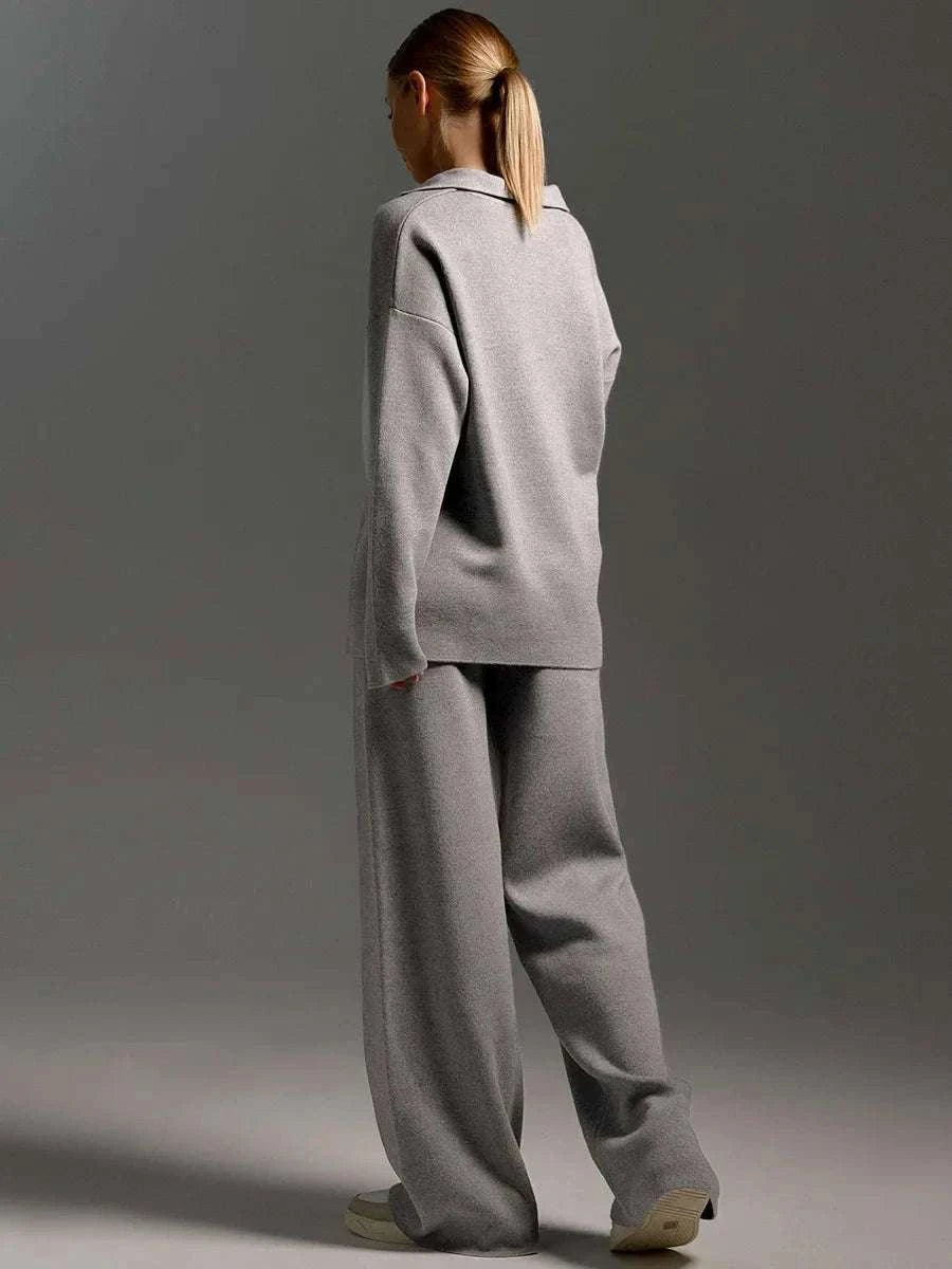 Women’s Cozy Knitted Polo Sweater & Wide Leg Pants Set-