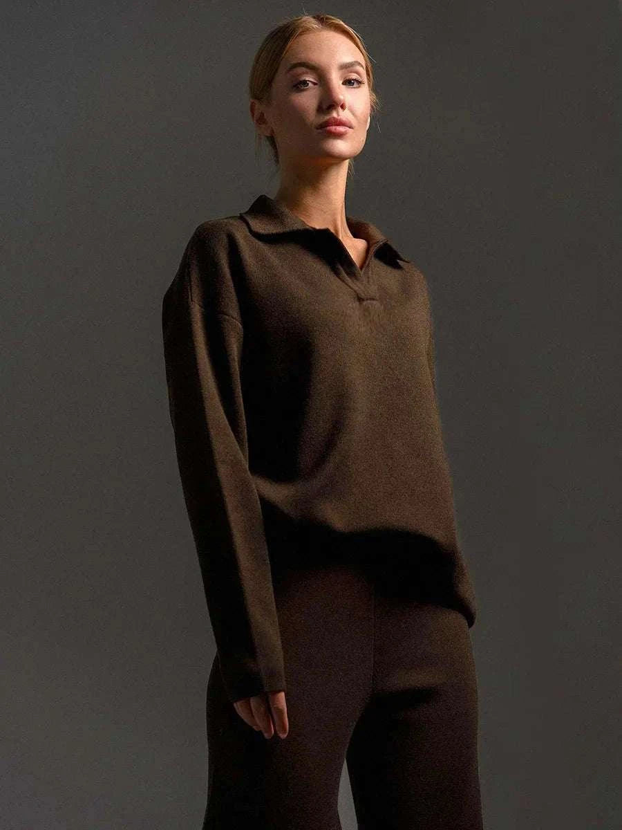 Women’s Cozy Knitted Polo Sweater & Wide Leg Pants Set-