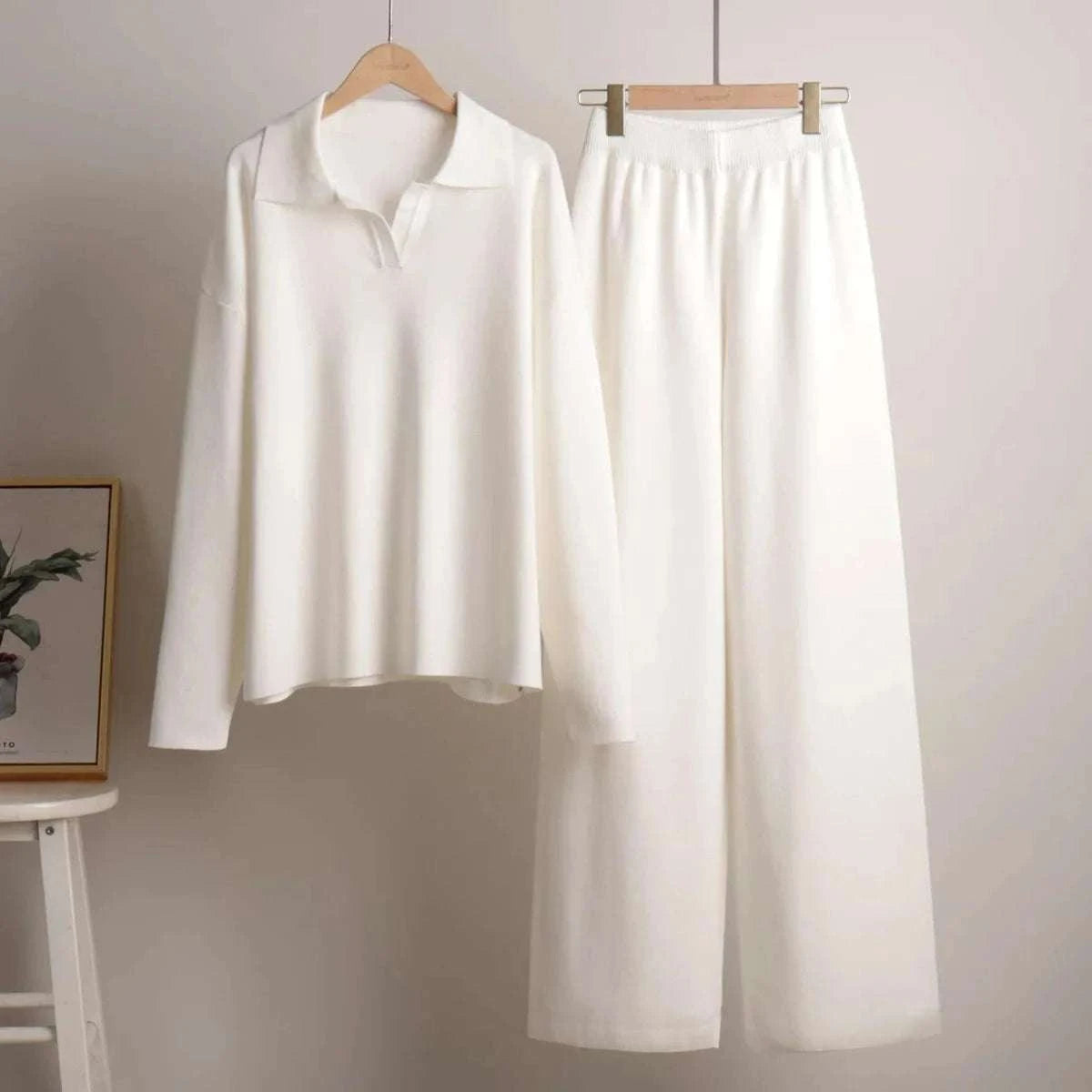 Women’s Cozy Knitted Polo Sweater & Wide Leg Pants Set-