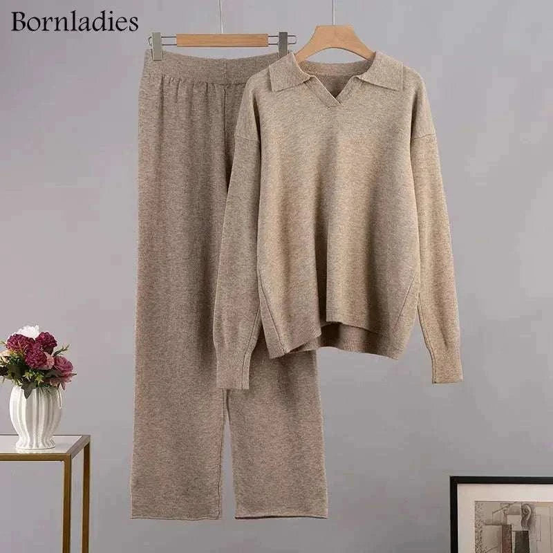 Women’s Cozy Knitted Polo Sweater & Wide Leg Pants Set-