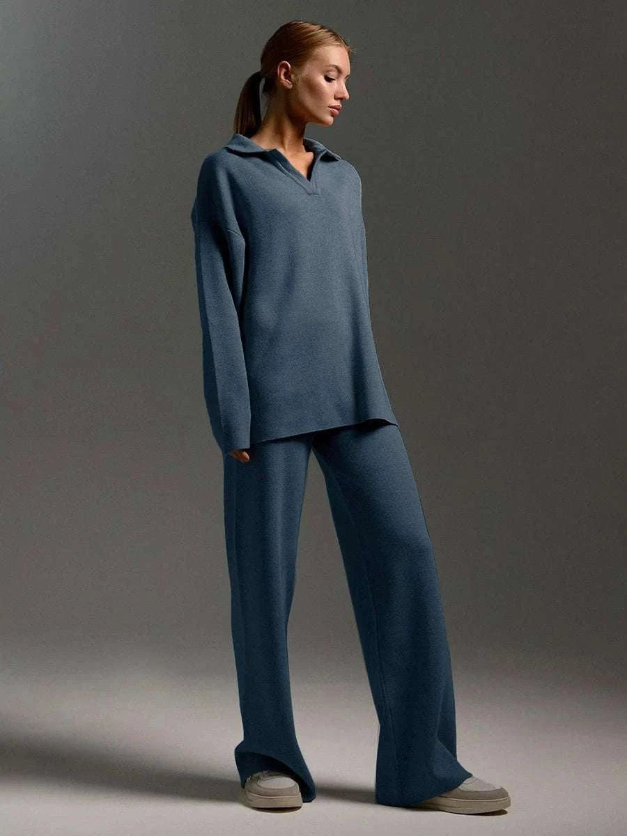 Women’s Cozy Knitted Polo Sweater & Wide Leg Pants Set-