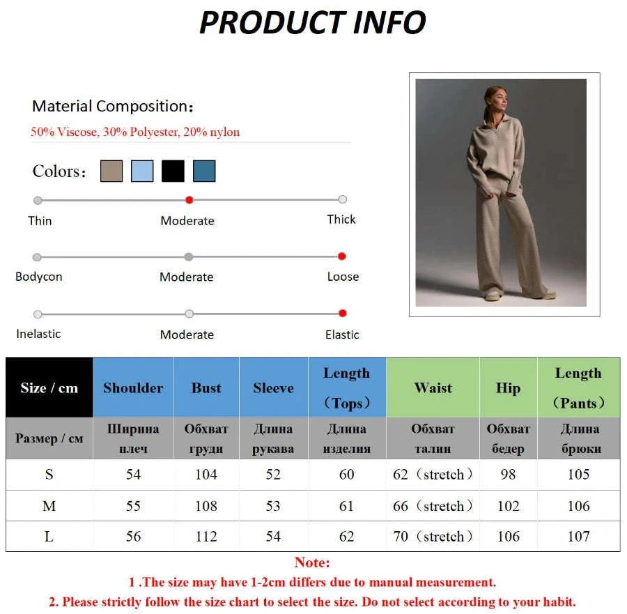 Women’s Cozy Knitted Polo Sweater & Wide Leg Pants Set-White / L