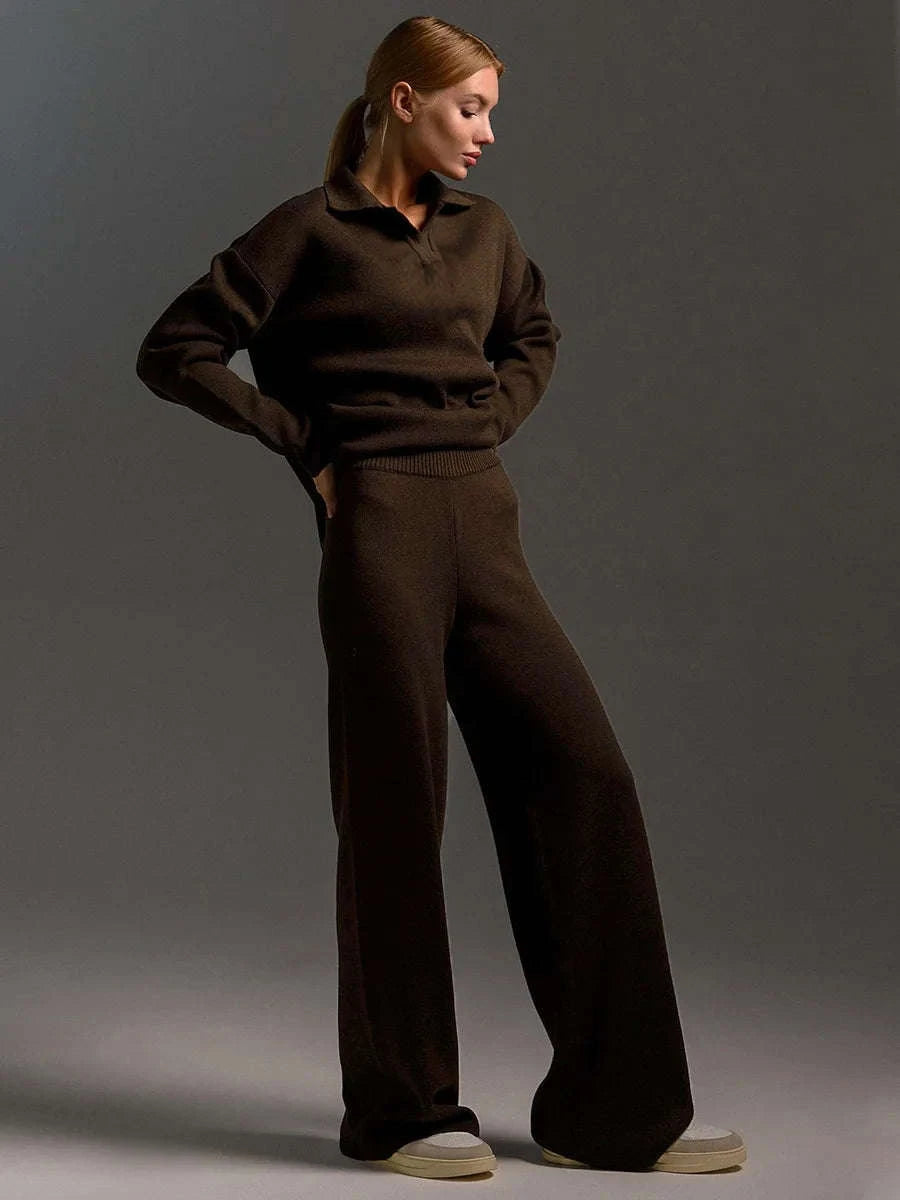Women’s Cozy Knitted Polo Sweater & Wide Leg Pants Set-White / L