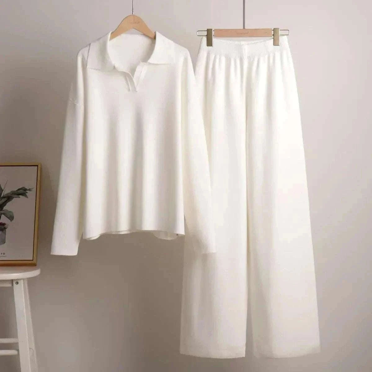 Women’s Cozy Knitted Polo Sweater & Wide Leg Pants Set-White / L