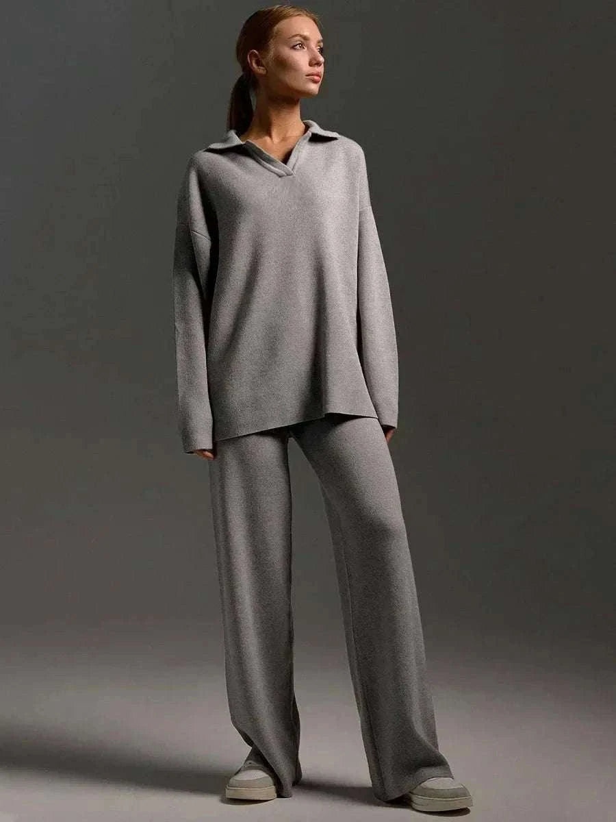 Women’s Cozy Knitted Polo Sweater & Wide Leg Pants Set-White / L
