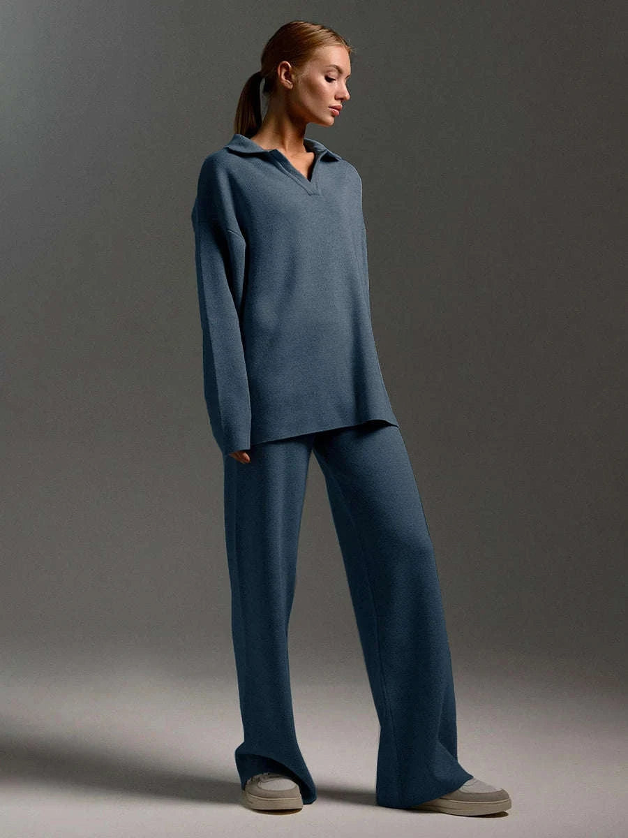 Women’s Cozy Knitted Polo Sweater & Wide Leg Pants Set-White / L