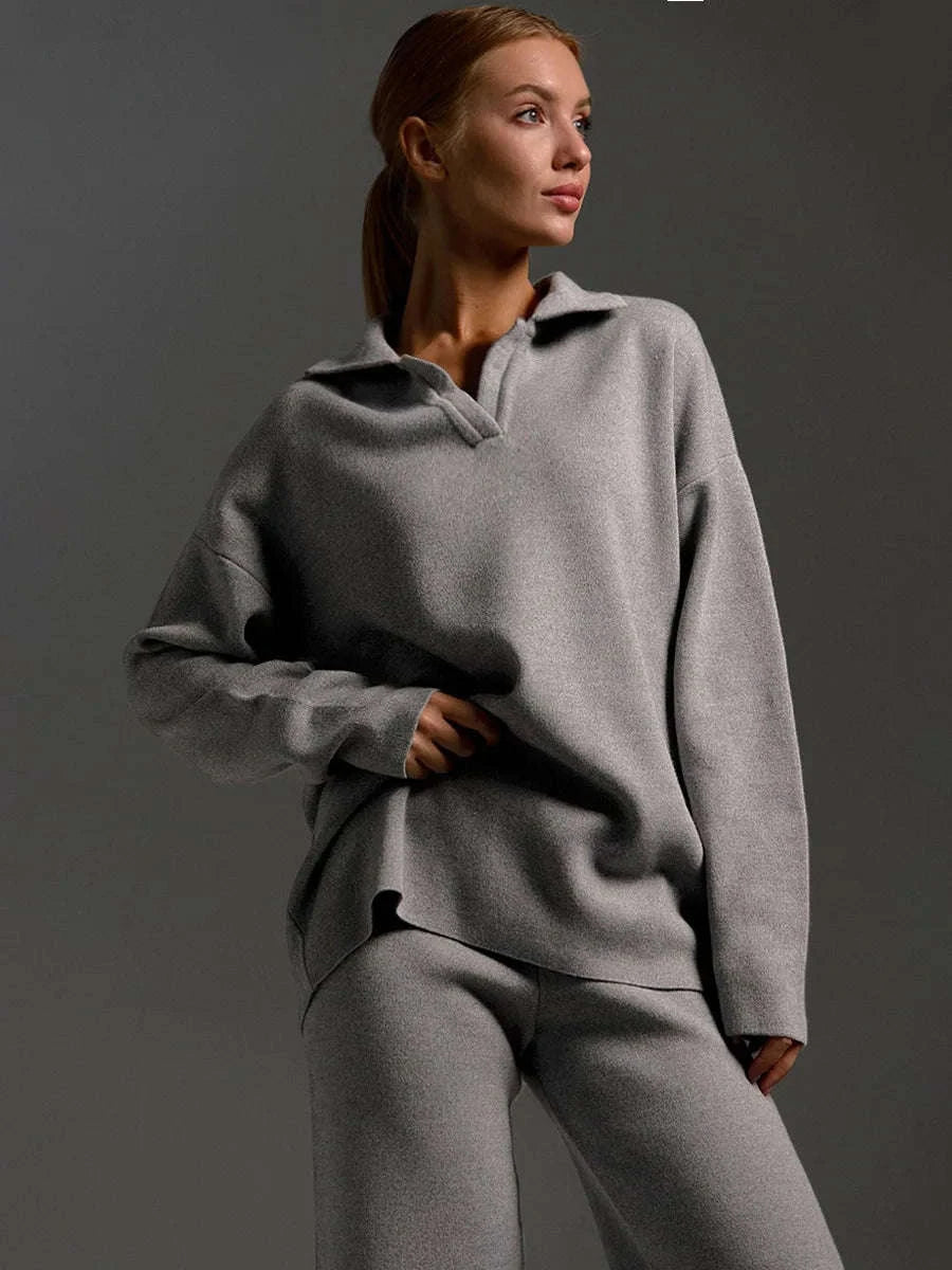 Women’s Cozy Knitted Polo Sweater & Wide Leg Pants Set-White / L