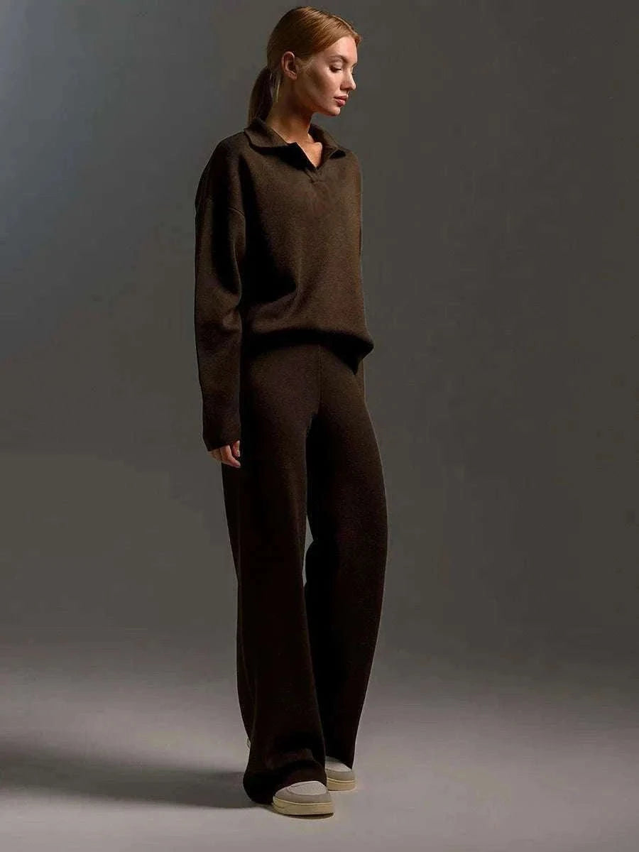 Women’s Cozy Knitted Polo Sweater & Wide Leg Pants Set-White / L