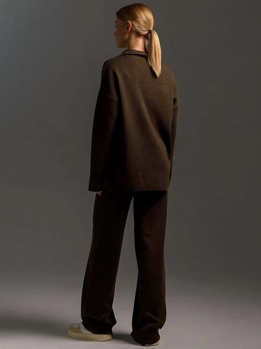 Women’s Cozy Knitted Polo Sweater & Wide Leg Pants Set-White / L