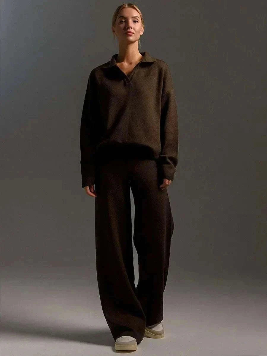 Women’s Cozy Knitted Polo Sweater & Wide Leg Pants Set-White / L