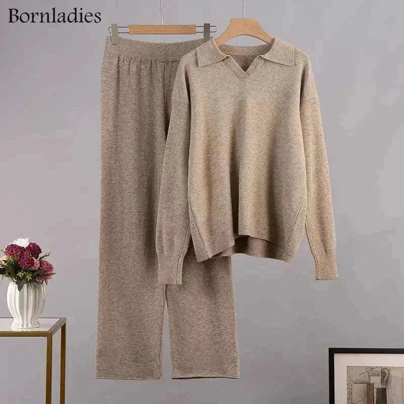 Women’s Cozy Knitted Polo Sweater & Wide Leg Pants Set-White / L