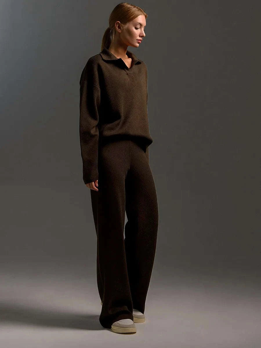 Women’s Cozy Knitted Polo Sweater & Wide Leg Pants Set-White / L