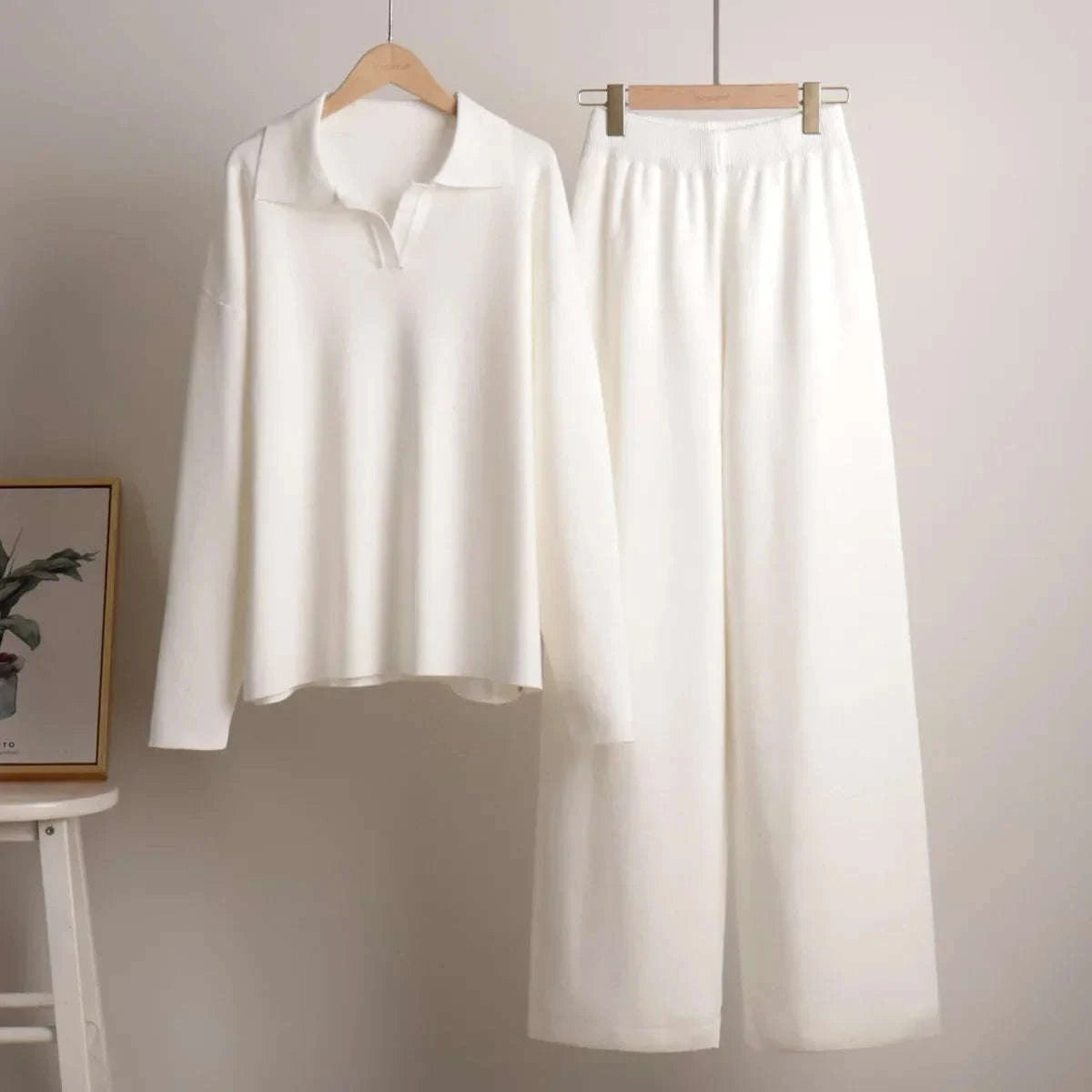 Women’s Cozy Knitted Polo Sweater & Wide Leg Pants Set-White / L
