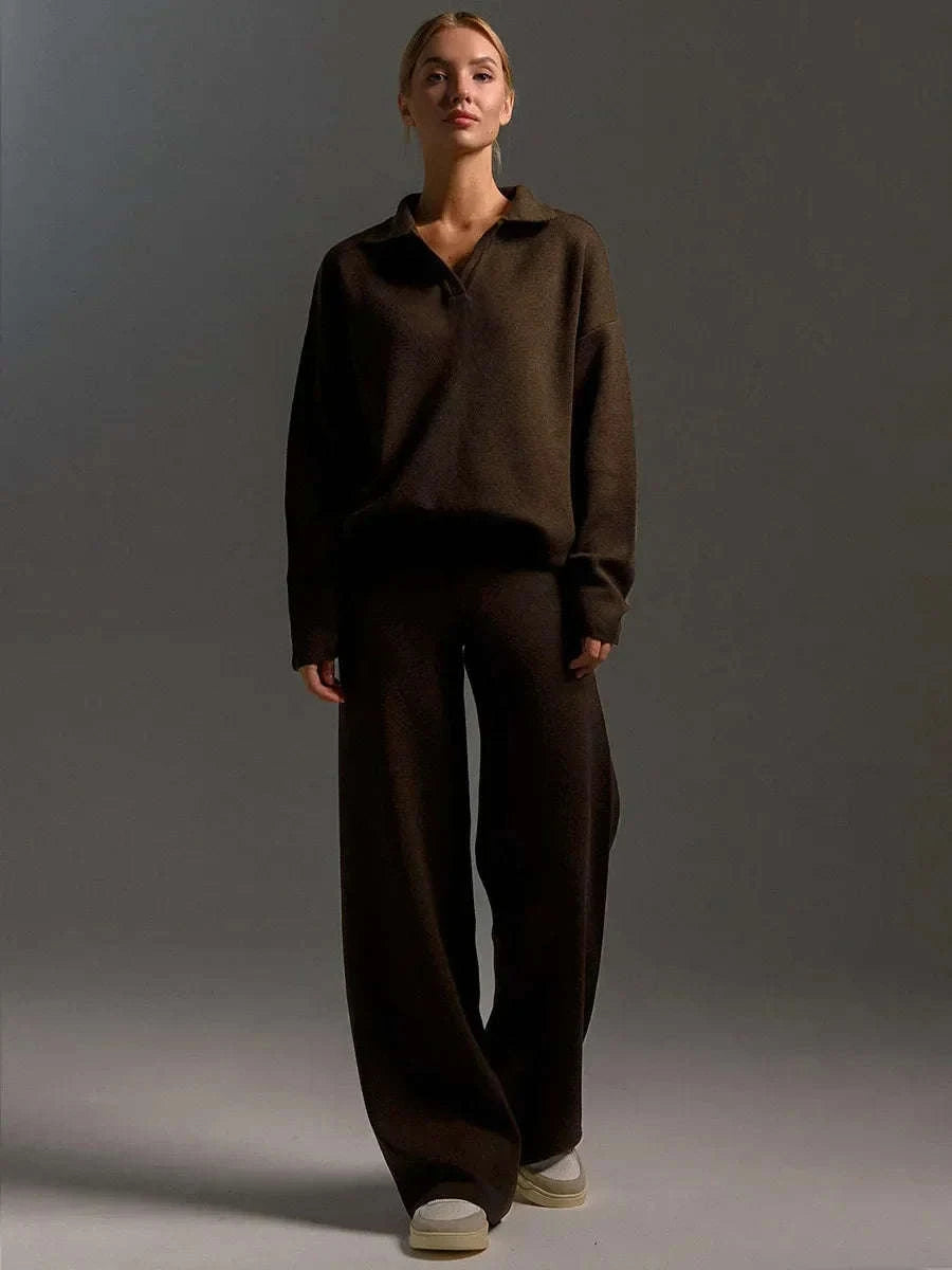Women’s Cozy Knitted Polo Sweater & Wide Leg Pants Set-White / L
