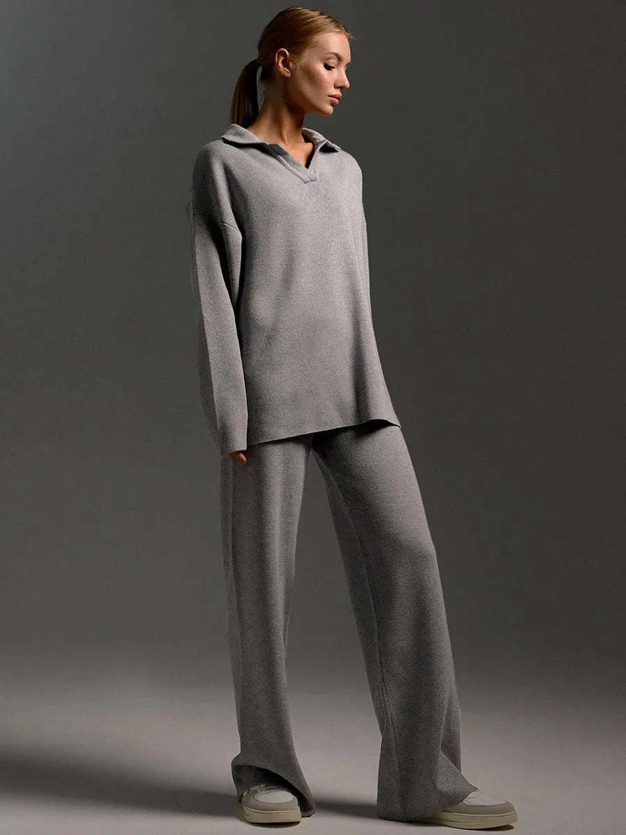 Women’s Cozy Knitted Polo Sweater & Wide Leg Pants Set-White / L