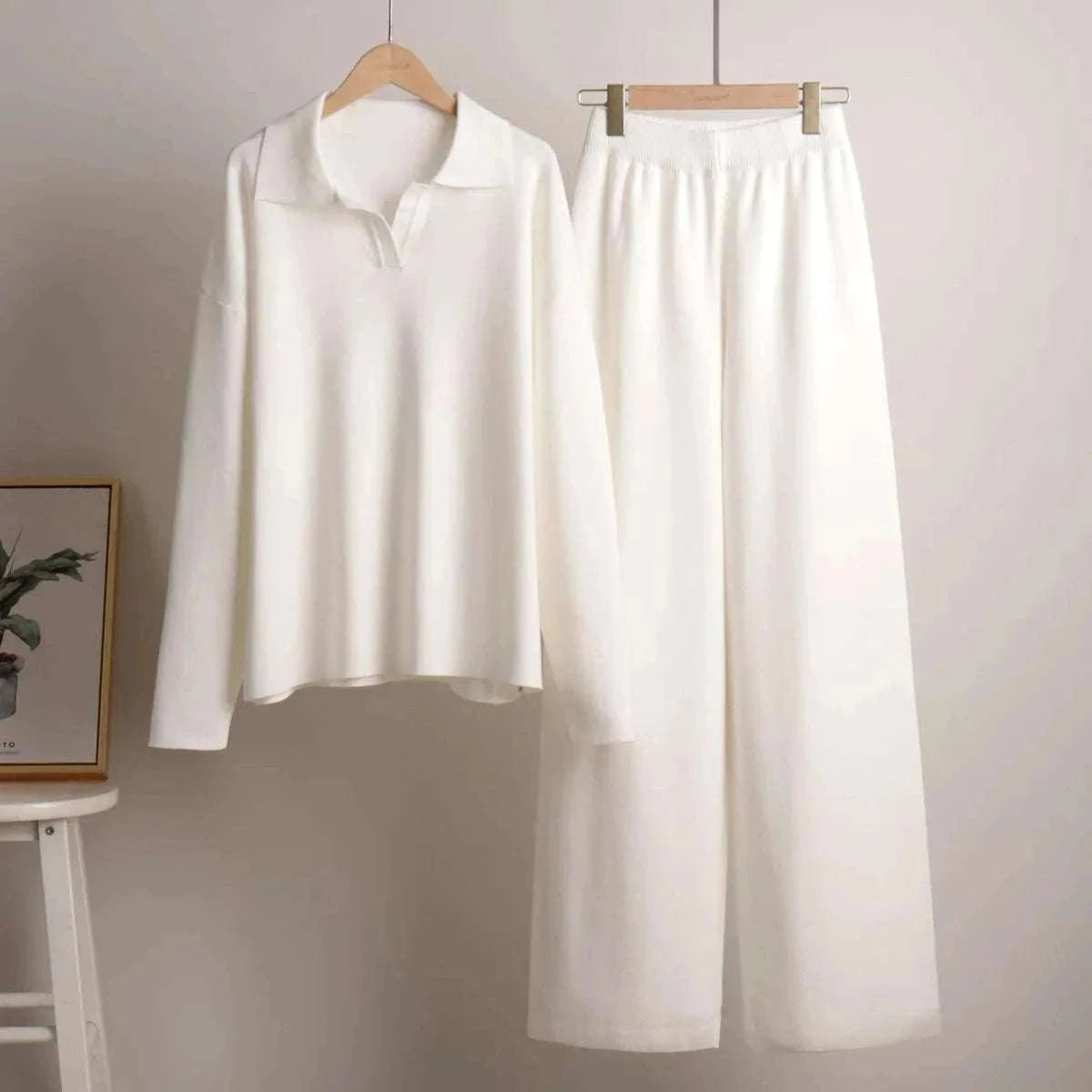 Women’s Cozy Knitted Polo Sweater & Wide Leg Pants Set-White / L