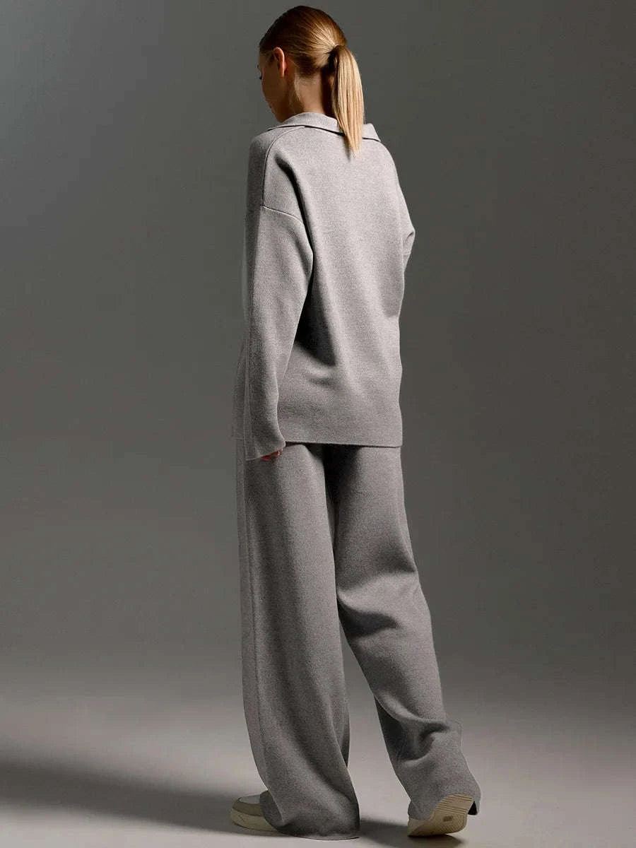 Women’s Cozy Knitted Polo Sweater & Wide Leg Pants Set-White / L