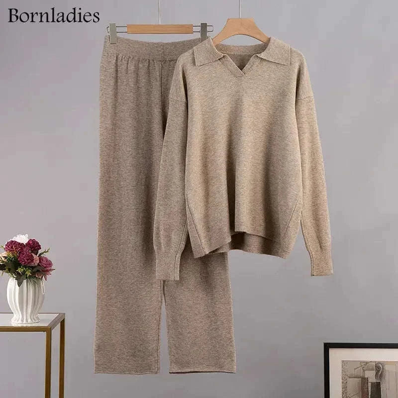 Women’s Cozy Knitted Polo Sweater & Wide Leg Pants Set-White / L