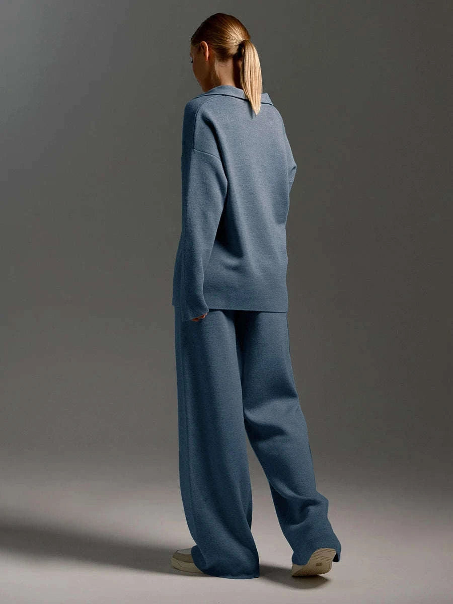 Women’s Cozy Knitted Polo Sweater & Wide Leg Pants Set-White / L