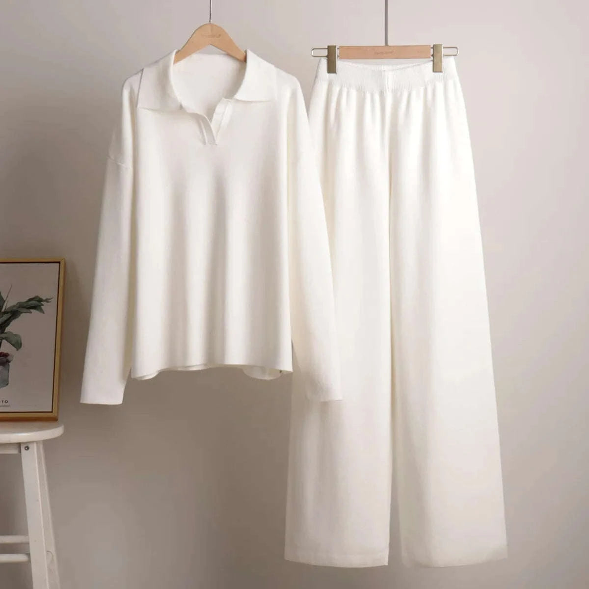 Women’s Cozy Knitted Polo Sweater & Wide Leg Pants Set-White / L