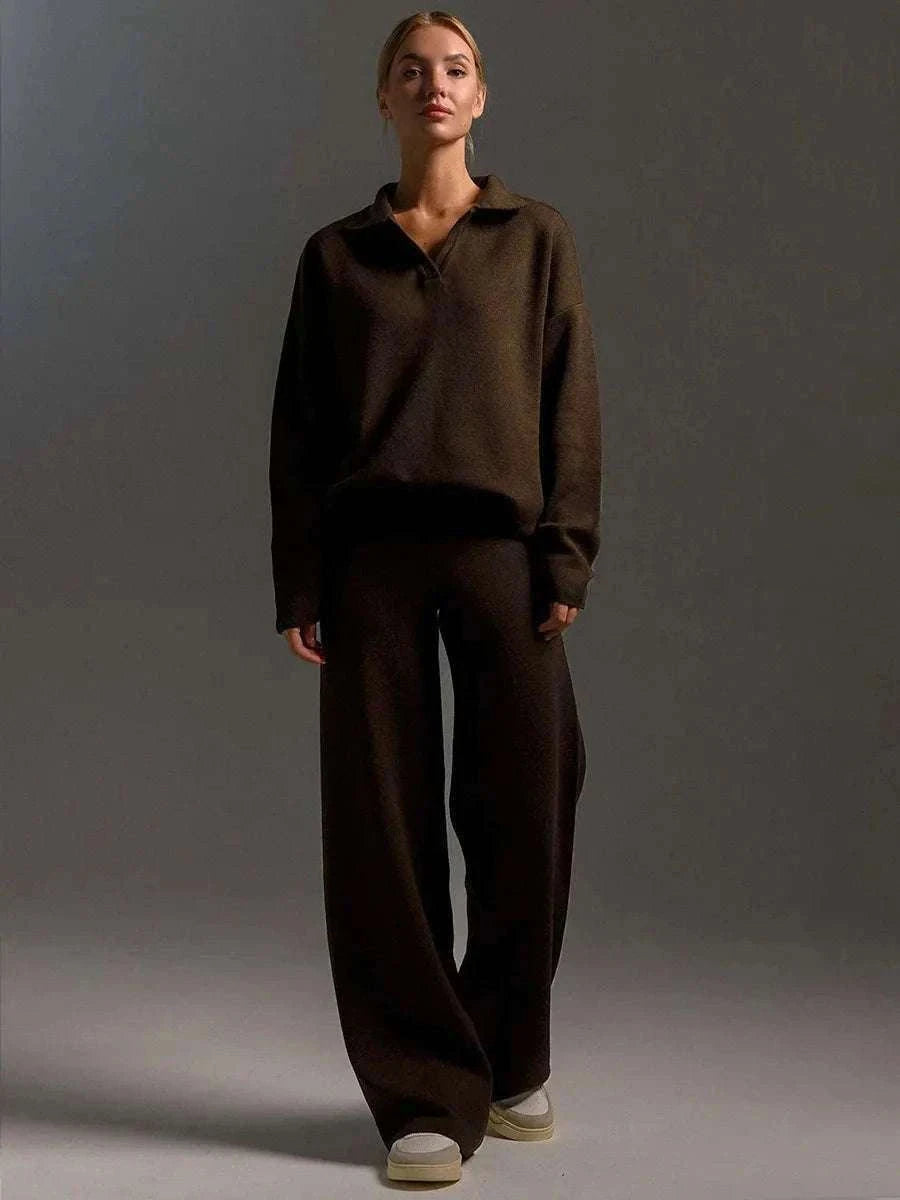 Women’s Cozy Knitted Polo Sweater & Wide Leg Pants Set-White / L