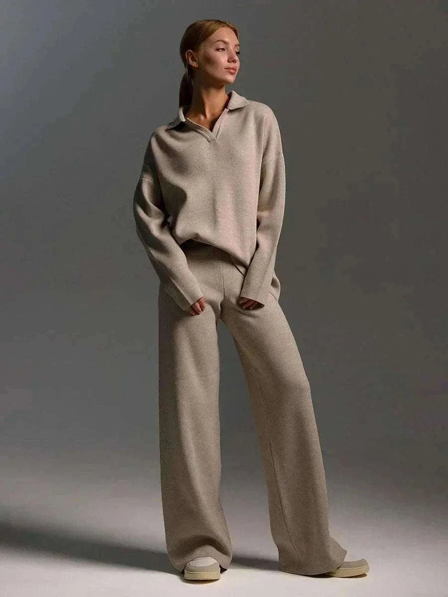 Women’s Cozy Knitted Polo Sweater & Wide Leg Pants Set-White / L