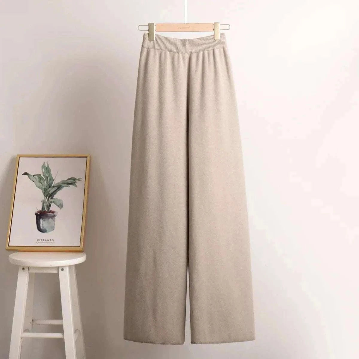 Women’s Cozy Knitted Polo Sweater & Wide Leg Pants Set-White / L
