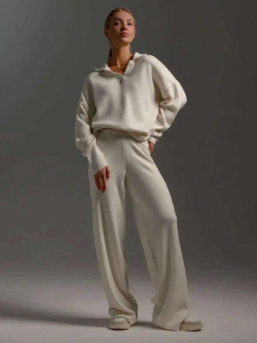 Women’s Cozy Knitted Polo Sweater & Wide Leg Pants Set-White / L