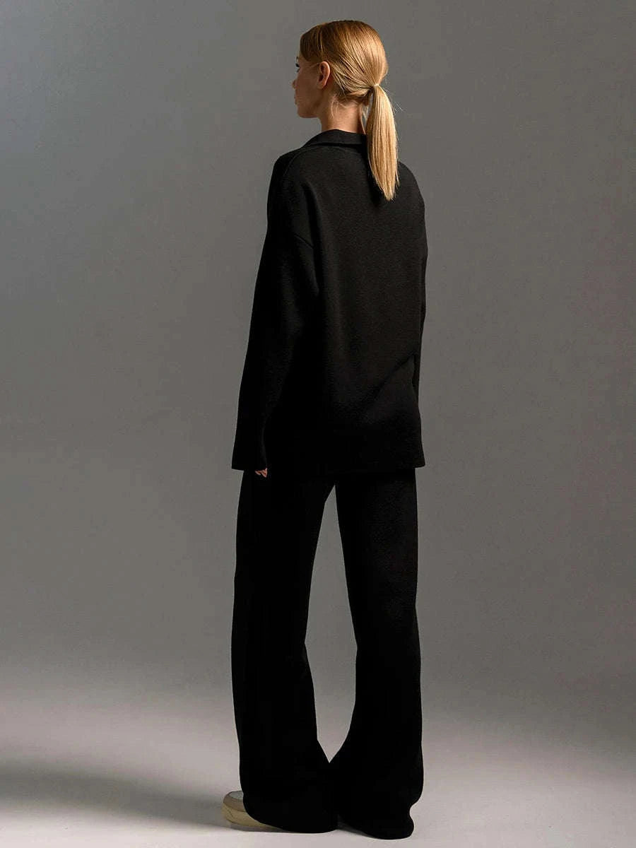Women’s Cozy Knitted Polo Sweater & Wide Leg Pants Set-White / L
