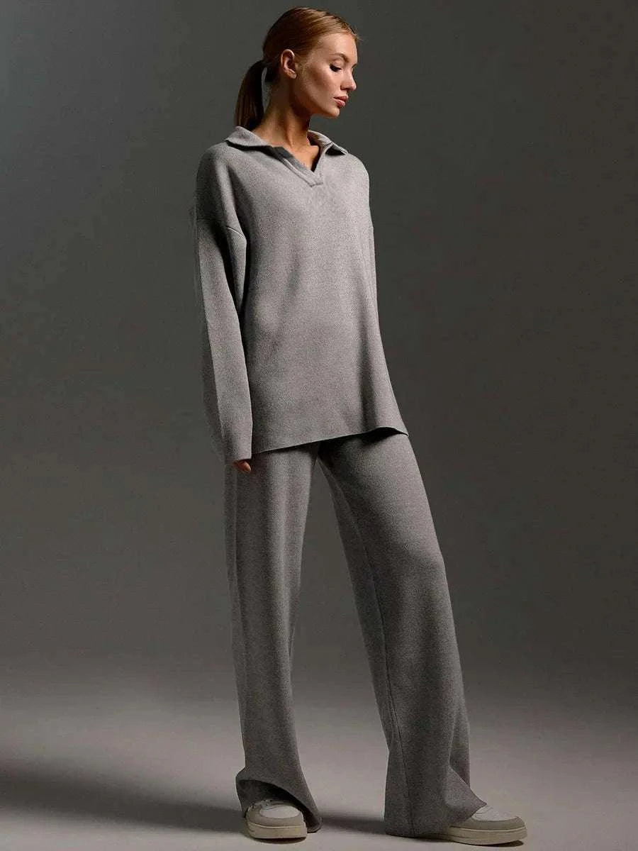 Women’s Cozy Knitted Polo Sweater & Wide Leg Pants Set-White / L