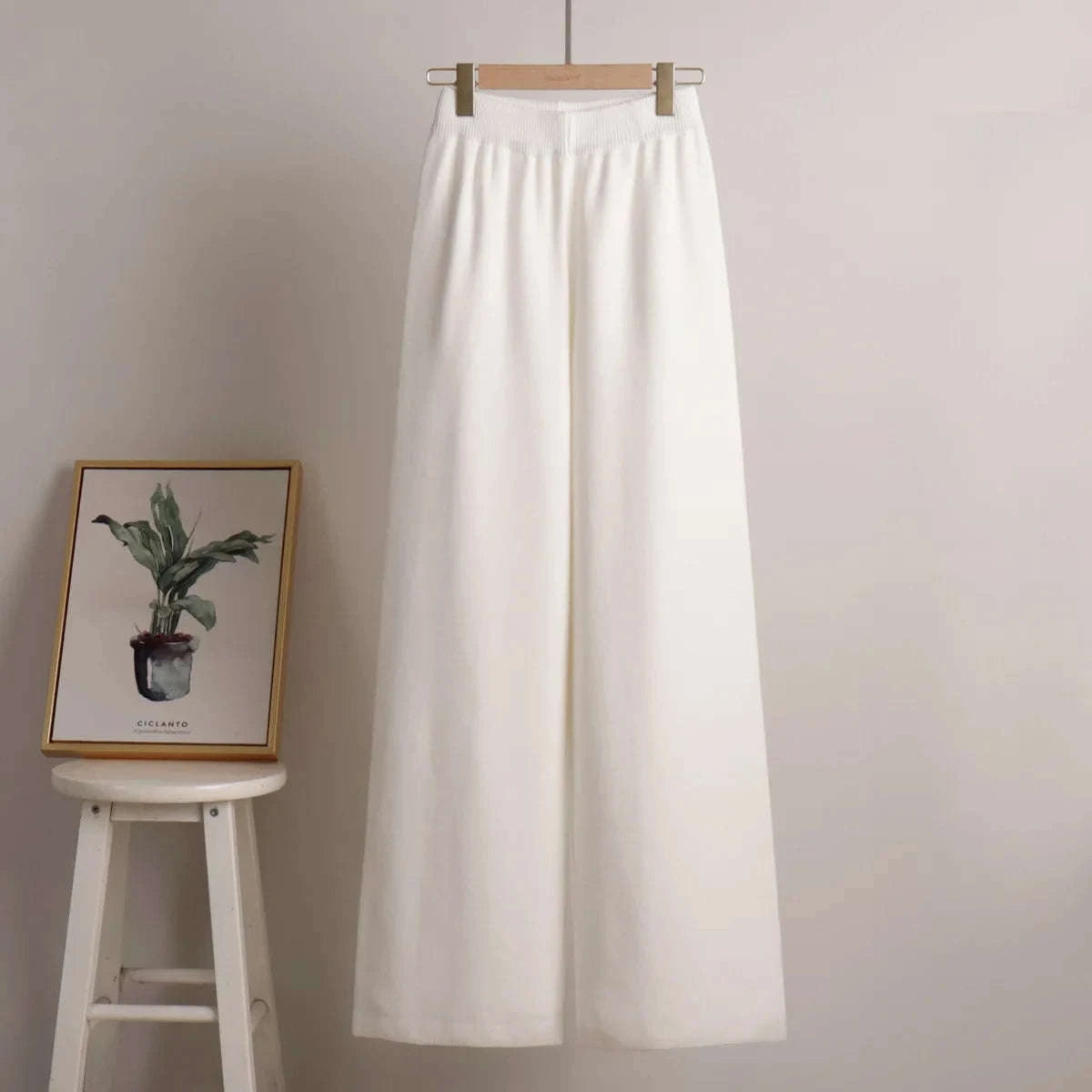 Women’s Cozy Knitted Polo Sweater & Wide Leg Pants Set-White / L
