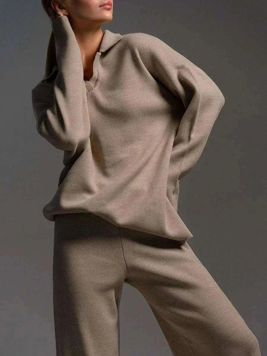 Women’s Cozy Knitted Polo Sweater & Wide Leg Pants Set-White / L