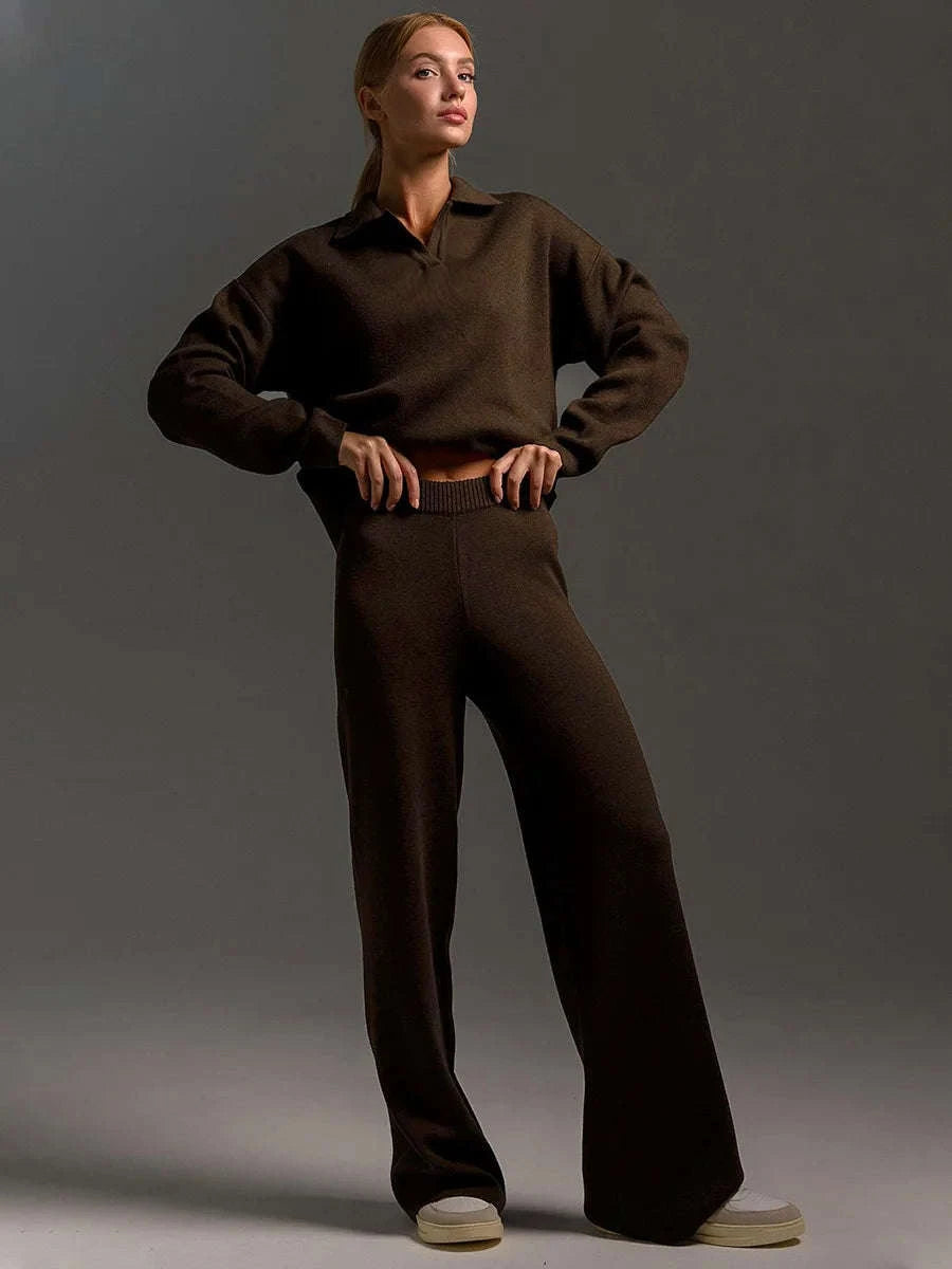 Women’s Cozy Knitted Polo Sweater & Wide Leg Pants Set-White / L