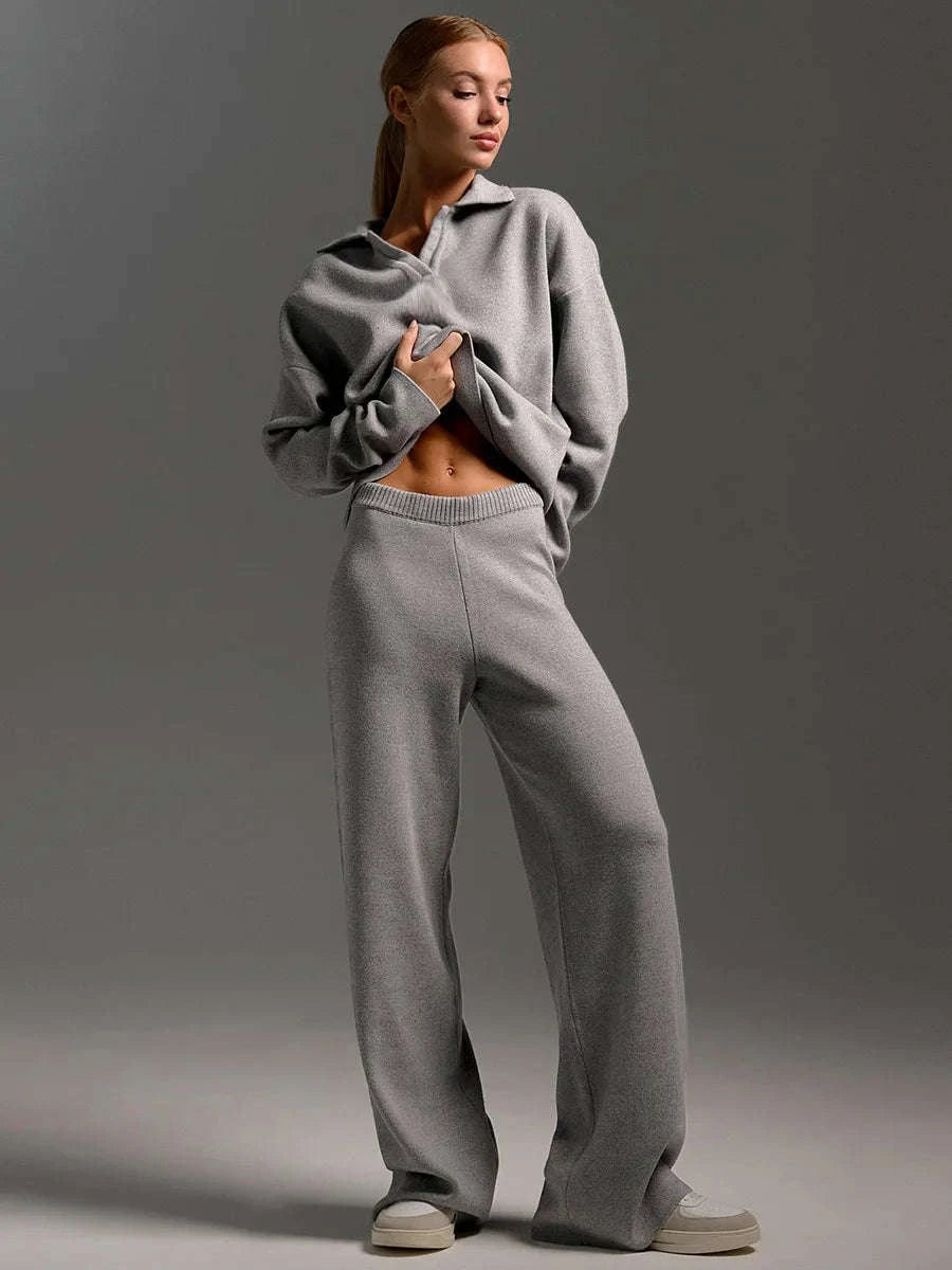 Women’s Cozy Knitted Polo Sweater & Wide Leg Pants Set-White / L