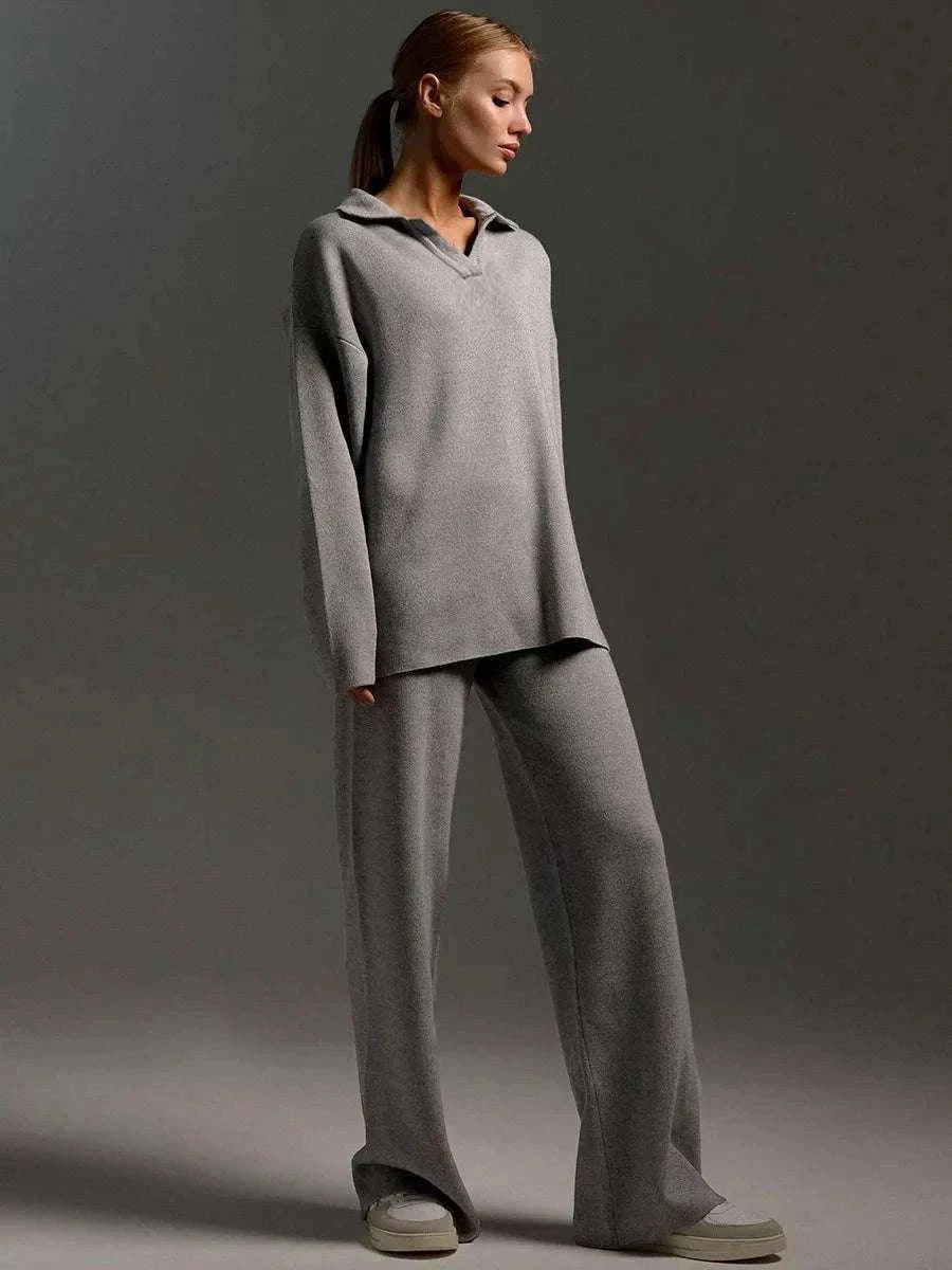 Women’s Cozy Knitted Polo Sweater & Wide Leg Pants Set-White / L