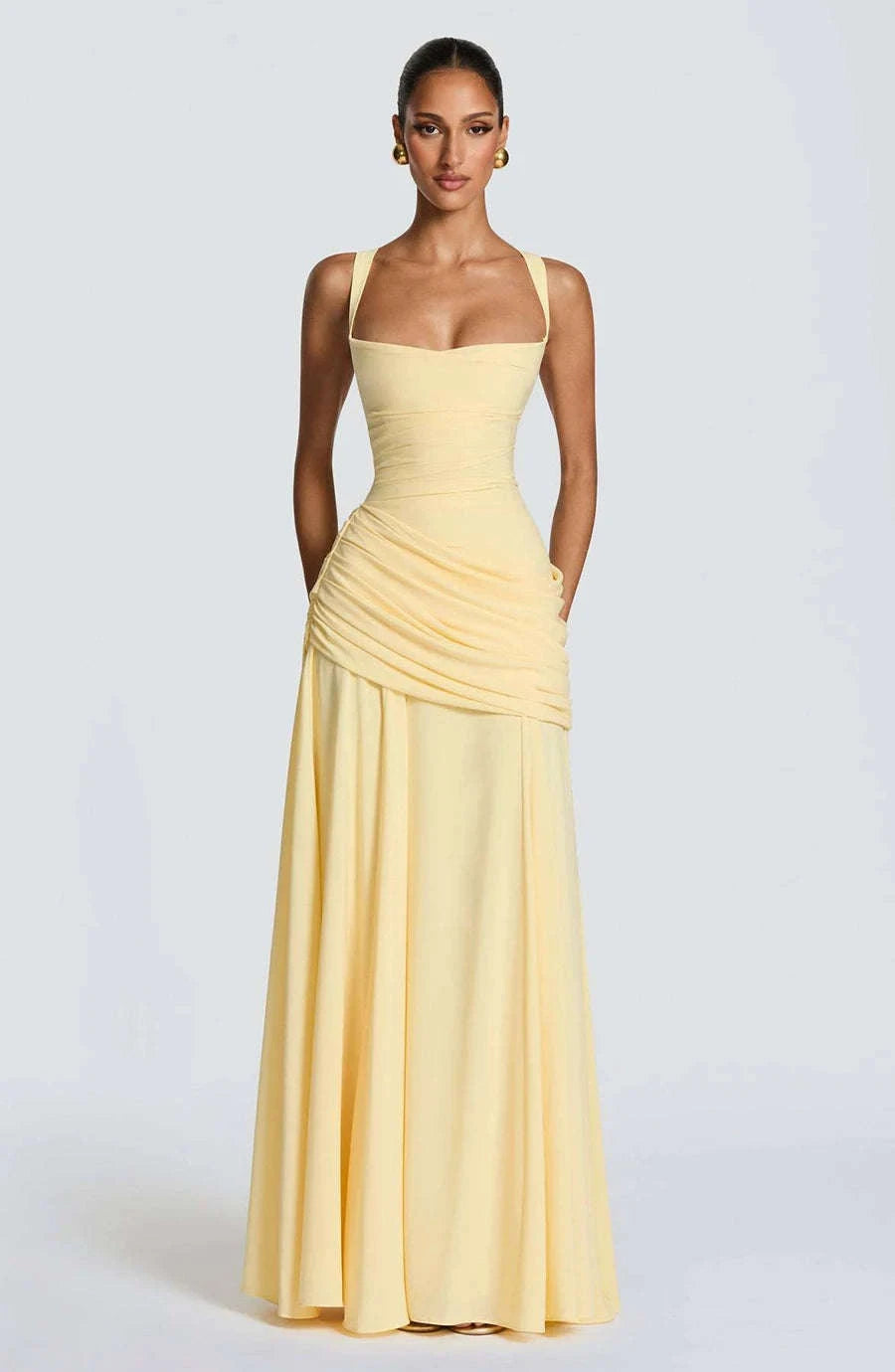 Women’s Elegant Ruched Backless Maxi Dress with Square Neck-Navy Blue / XXL