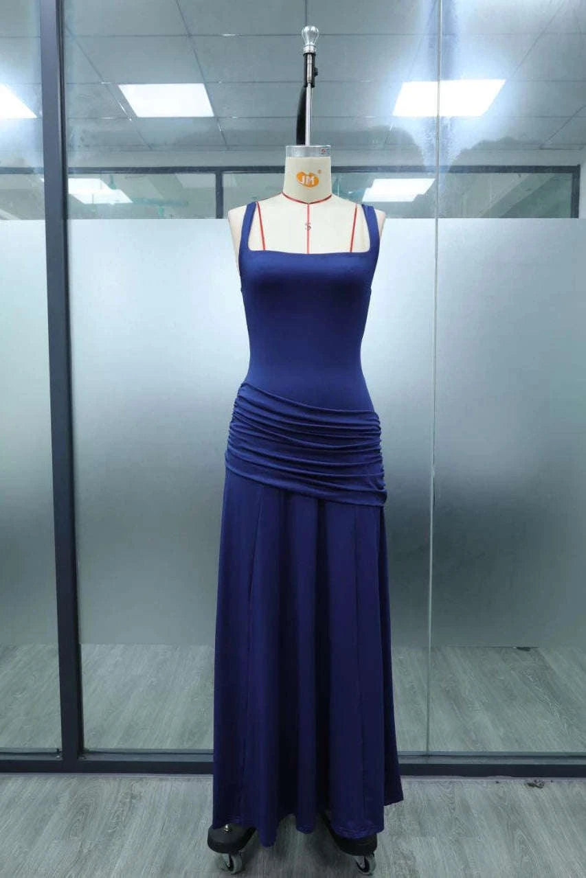 Women’s Elegant Ruched Backless Maxi Dress with Square Neck-Navy Blue / XXL