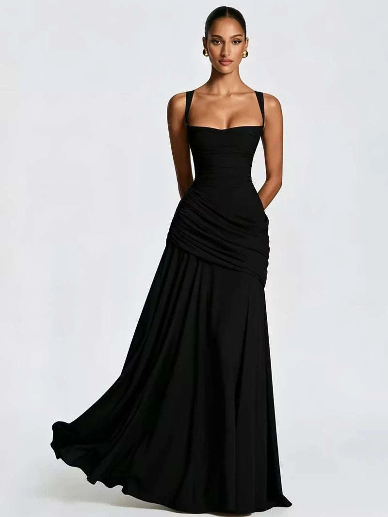 Women’s Elegant Ruched Backless Maxi Dress with Square Neck-Navy Blue / XXL