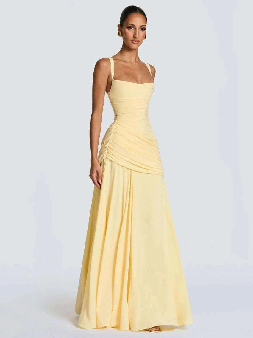 Women’s Elegant Ruched Backless Maxi Dress with Square Neck-Navy Blue / XXL