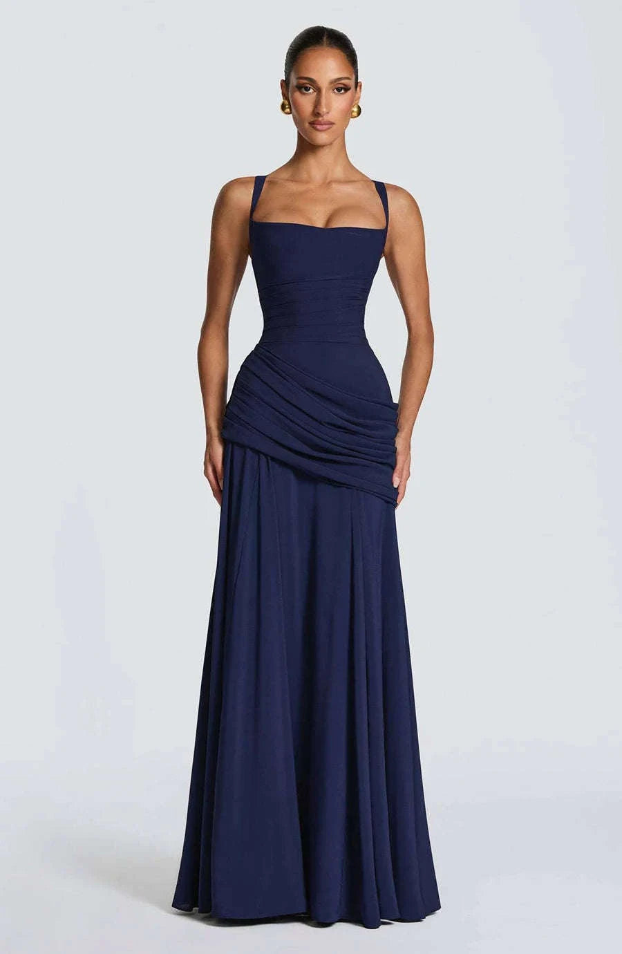 Women’s Elegant Ruched Backless Maxi Dress with Square Neck-Navy Blue / XXL