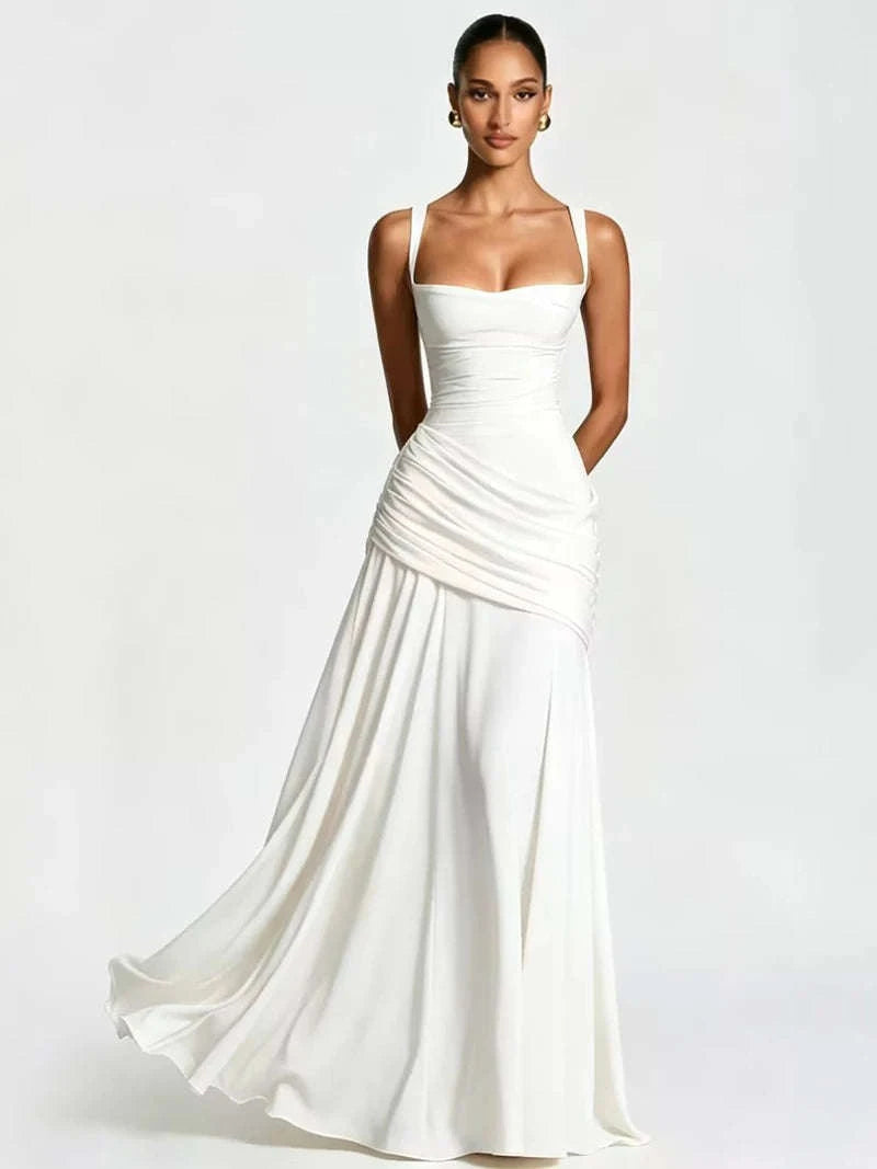 Women’s Elegant Ruched Backless Maxi Dress with Square Neck-Navy Blue / XXL