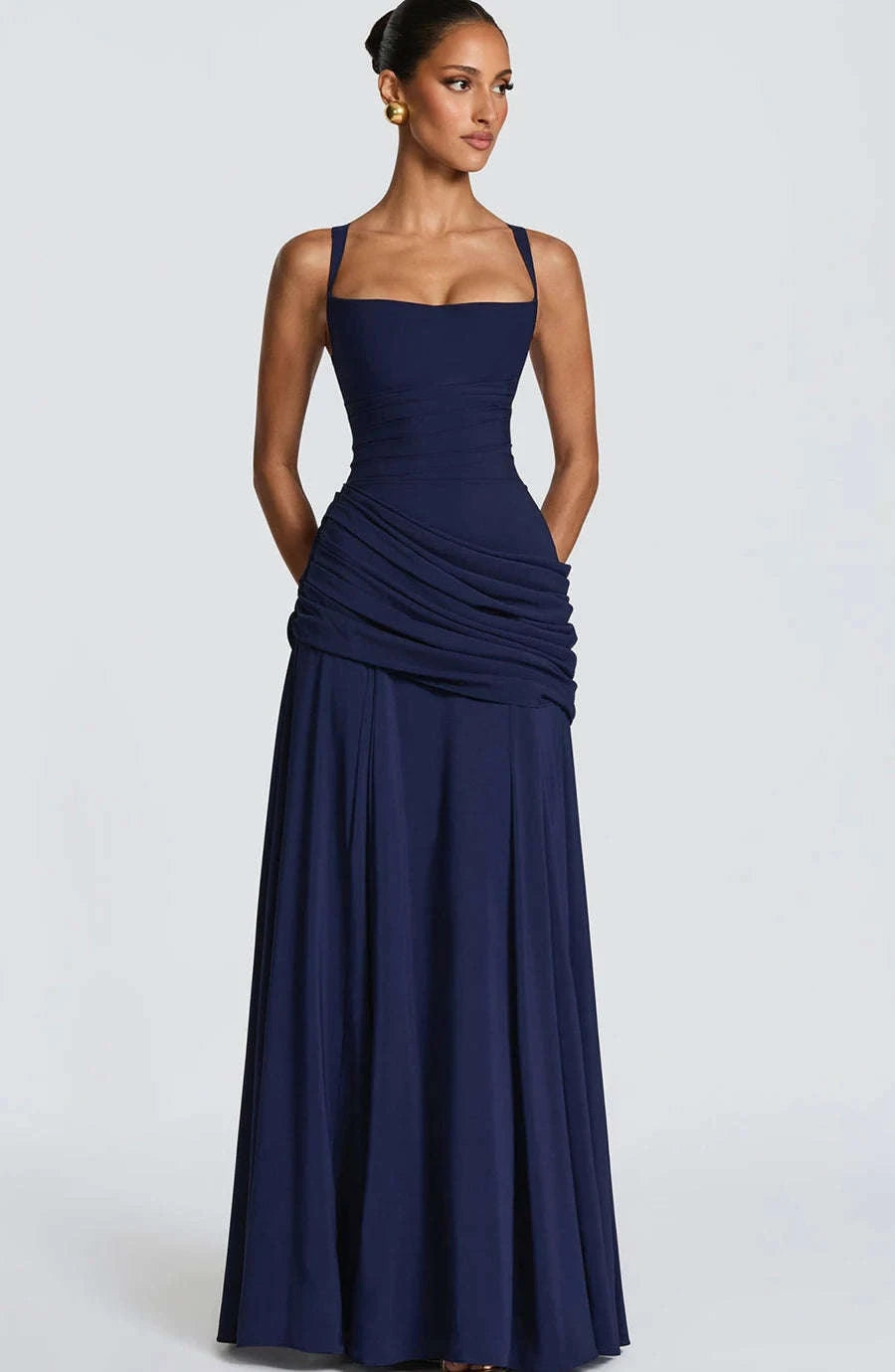 Women’s Elegant Ruched Backless Maxi Dress with Square Neck-Navy Blue / XXL