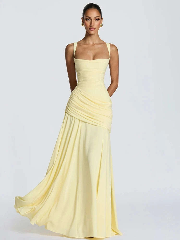 Women’s Elegant Ruched Backless Maxi Dress with Square Neck-Navy Blue / XXL
