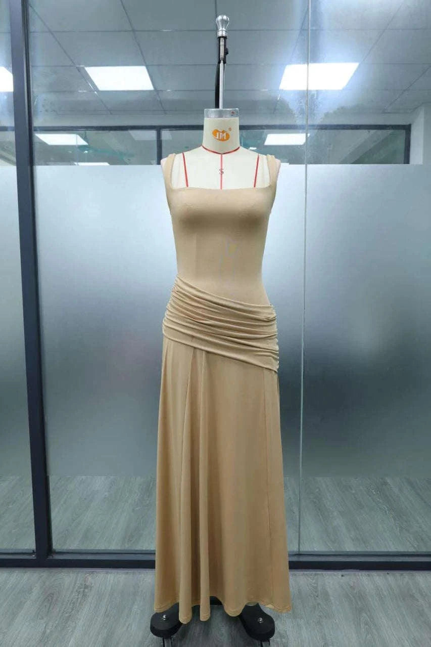 Women’s Elegant Ruched Backless Maxi Dress with Square Neck-Navy Blue / XXL
