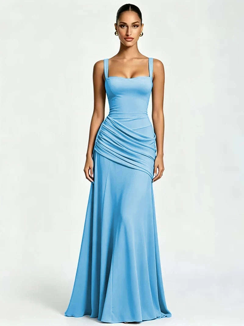 Women’s Elegant Ruched Backless Maxi Dress with Square Neck-Navy Blue / XXL