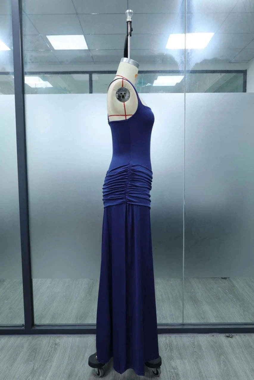 Women’s Elegant Ruched Backless Maxi Dress with Square Neck-Navy Blue / XXL