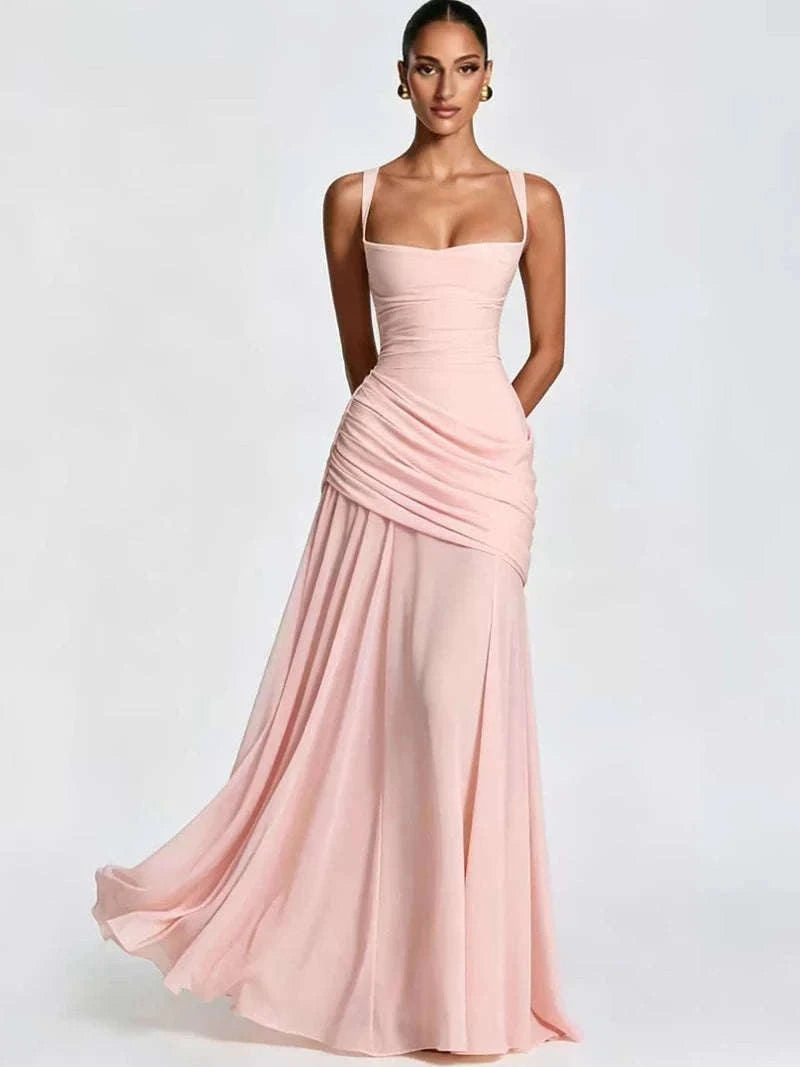 Women’s Elegant Ruched Backless Maxi Dress with Square Neck-Navy Blue / XXL