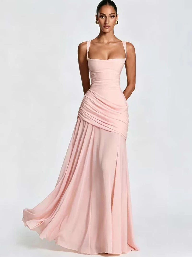 Women’s Elegant Ruched Backless Maxi Dress with Square Neck-Navy Blue / XXL